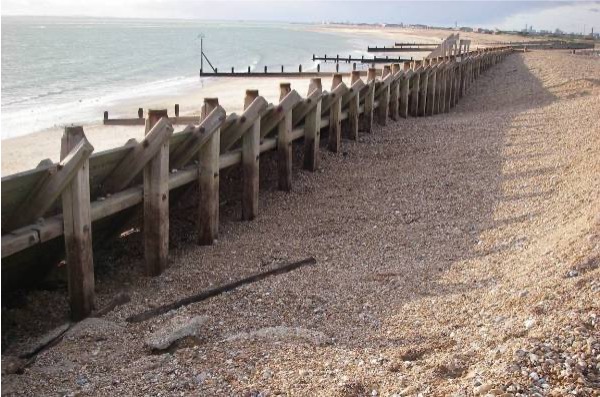 Groyne 57 looking west, showing gaps in horizontal planking and loss of material behind the defences (5th Dec 2011)